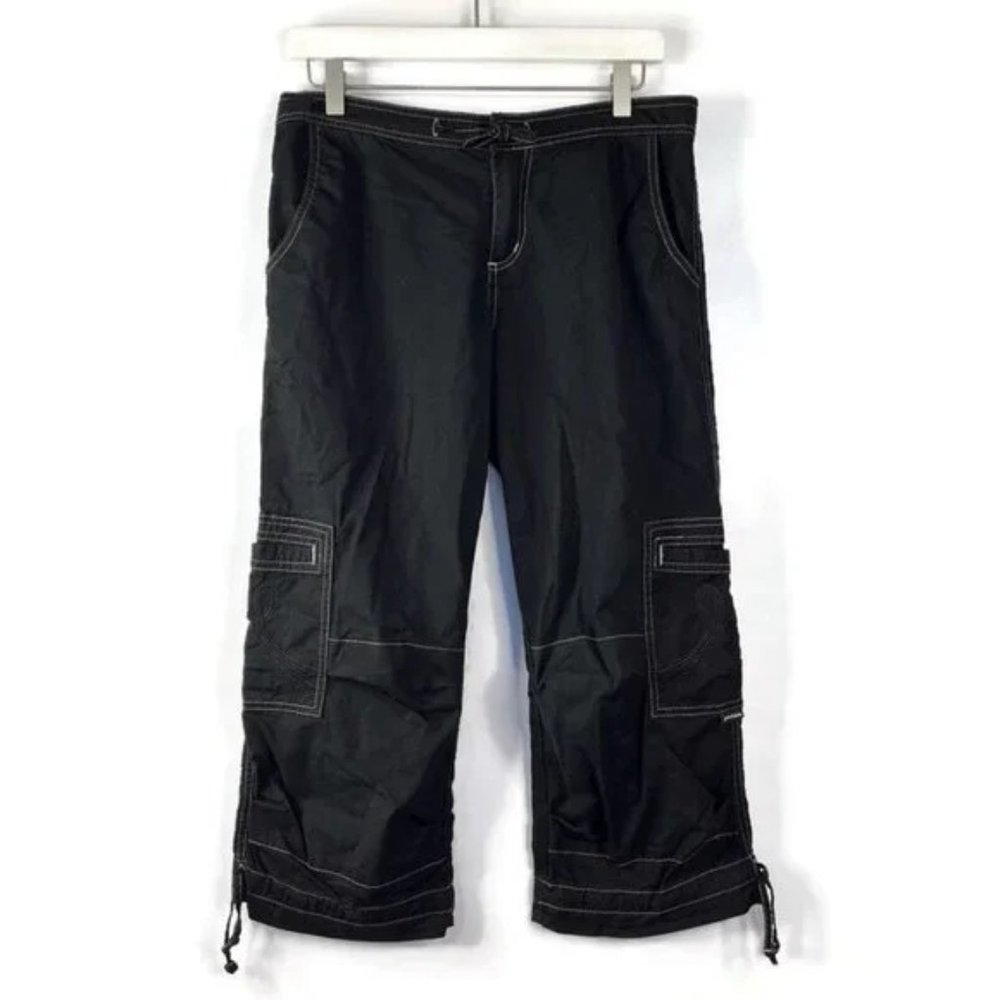prAna Womens Black Cropped Cargo Capri Pant Drawstring Hem Sz M